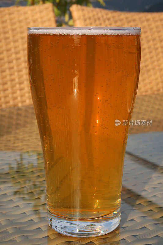 啤酒杯/金苹果苹果酒/啤酒照片的特写，显示泡沫泡沫的头，外面的啤酒杯在酒吧花园酒吧/餐厅